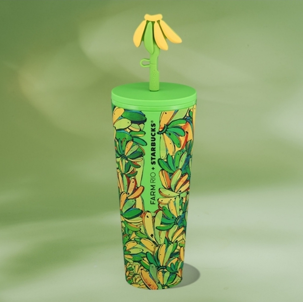 Starbucks Green and Yellow Banana Print Tumbler with Flower Straw